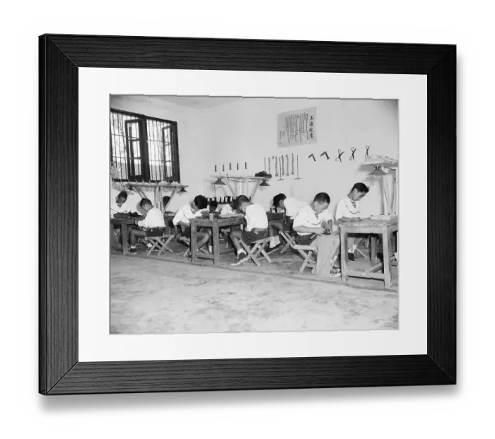 Framed Print : Boys Seated At Tables Making Shoes Framed Print : Boys Seated At Tables Making Shoes