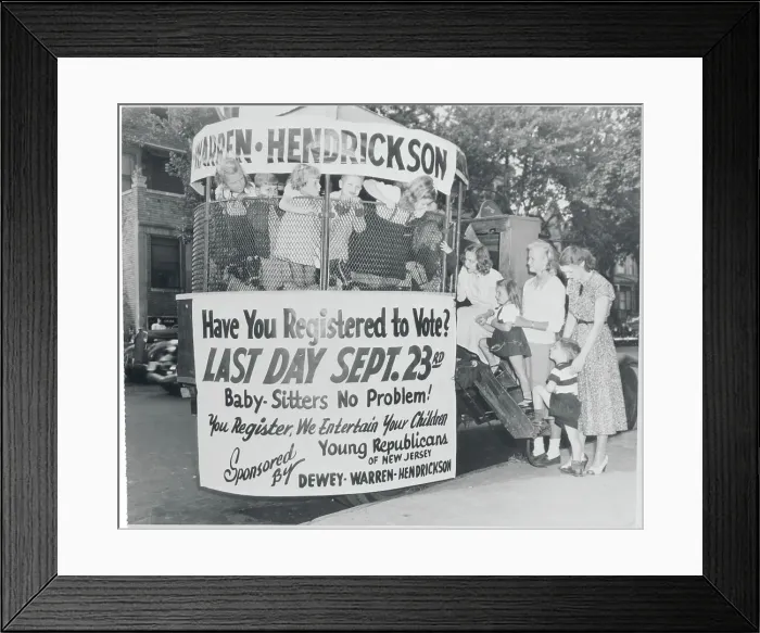 Framed Print : Recreation Workers with Children at Voting Site