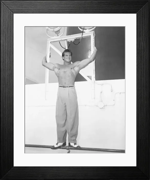 Framed Print : Steve Reeves as Mr. America in Ship's Makeshift Gym Framed Print : Steve Reeves as Mr. America in Ship's Makeshift Gym