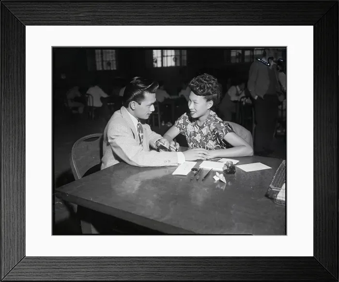 Framed Print : Asian Woman Registers Husband For Draft Framed Print : Asian Woman Registers Husband For Draft