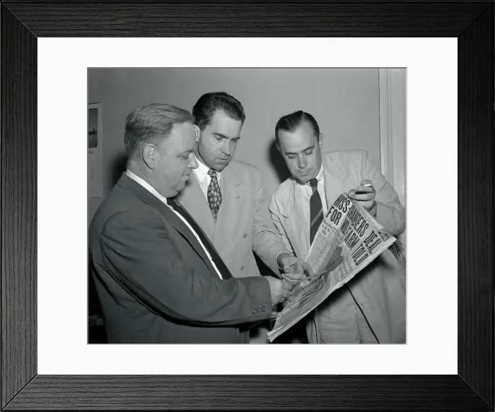 Framed Print : Whittaker Chambers with Investigators Checking News Framed Print : Whittaker Chambers with Investigators Checking News