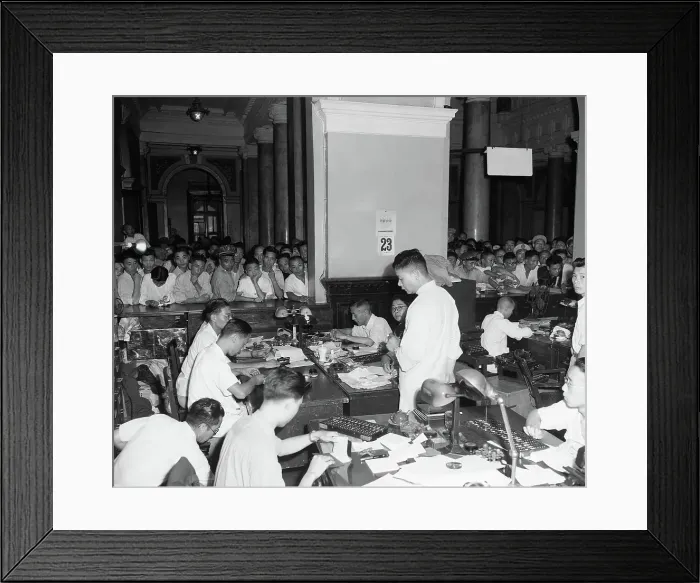 Framed Print : Crowds at Bank Currency Exchange Counter Framed Print : Crowds at Bank Currency Exchange Counter