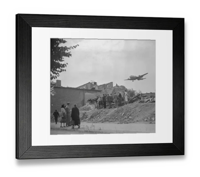 Framed Print : Civilians Wave to American Military Airplane Delivering Supplies Framed Print : Civilians Wave to American Military Airplane Delivering Supplies