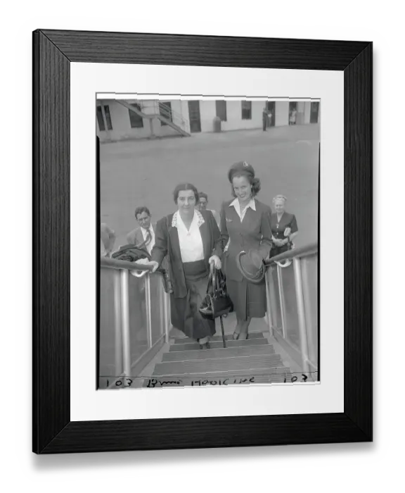 Framed Print : Israeli Ambassador Golda Meir Entering Airplane Alongside Stewardess Framed Print : Israeli Ambassador Golda Meir Entering Airplane Alongside Stewardess