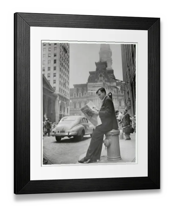 Framed Print : Philip Willkie Leaning on Hydrant Reading Newspaper Framed Print : Philip Willkie Leaning on Hydrant Reading Newspaper