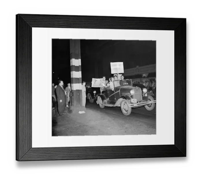 Framed Print : Men Riding in Jalopy Displaying Placards Framed Print : Men Riding in Jalopy Displaying Placards
