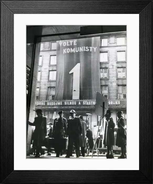 Framed Print : Men Outside Banner Displayed Communist Headquarters Building Framed Print : Men Outside Banner Displayed Communist Headquarters Building