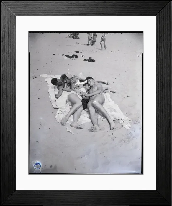 Framed Print : Two Couples Cuddle On Beach Blanket Framed Print : Two Couples Cuddle On Beach Blanket