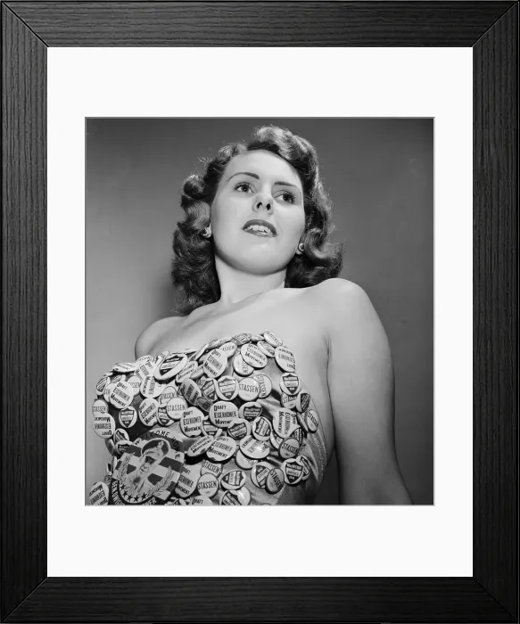 Framed Print : Woman Wearing Many Campaign Buttons