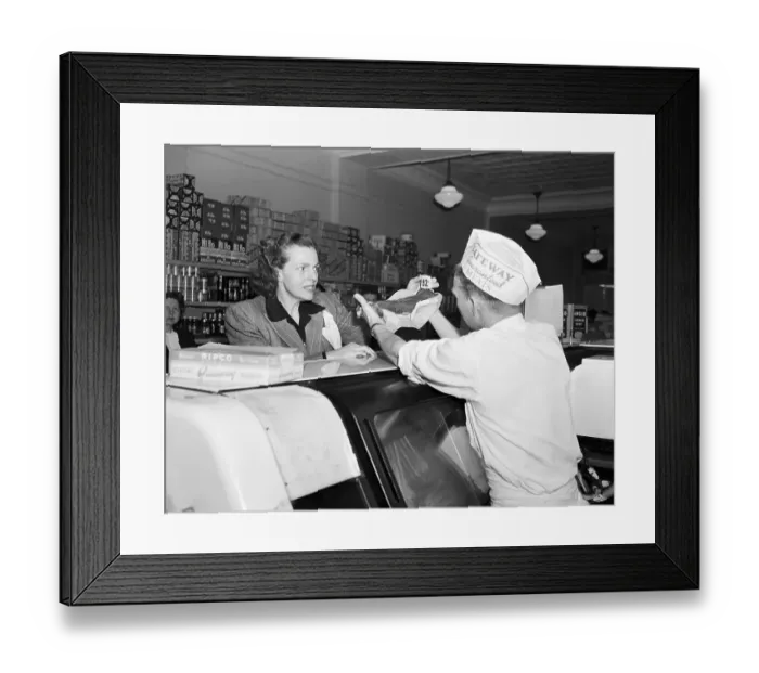 Framed Print : Helen Gahagan Douglas at Butcher Counter Framed Print : Helen Gahagan Douglas at Butcher Counter