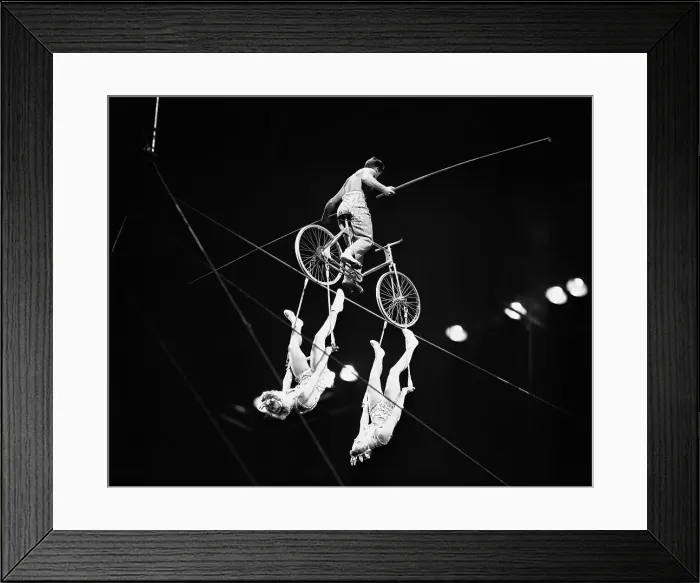 Framed Print : Highwire Bicyclist Balances Two Women Below Bicycle Framed Print : Highwire Bicyclist Balances Two Women Below Bicycle