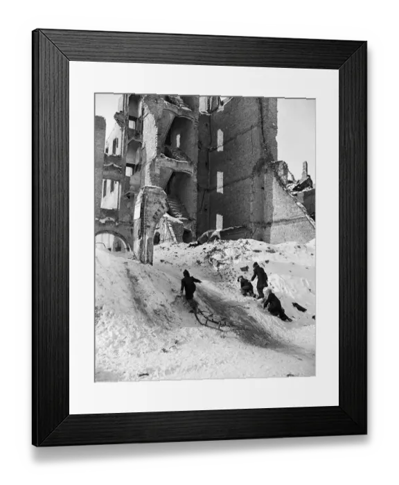 Framed Print : Children Playing in Snow Near Ruins Framed Print : Children Playing in Snow Near Ruins