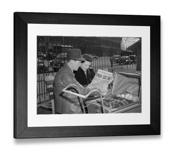 Framed Print : Family Reading Newspaper Headline of Truman Reviving Draft Framed Print : Family Reading Newspaper Headline of Truman Reviving Draft