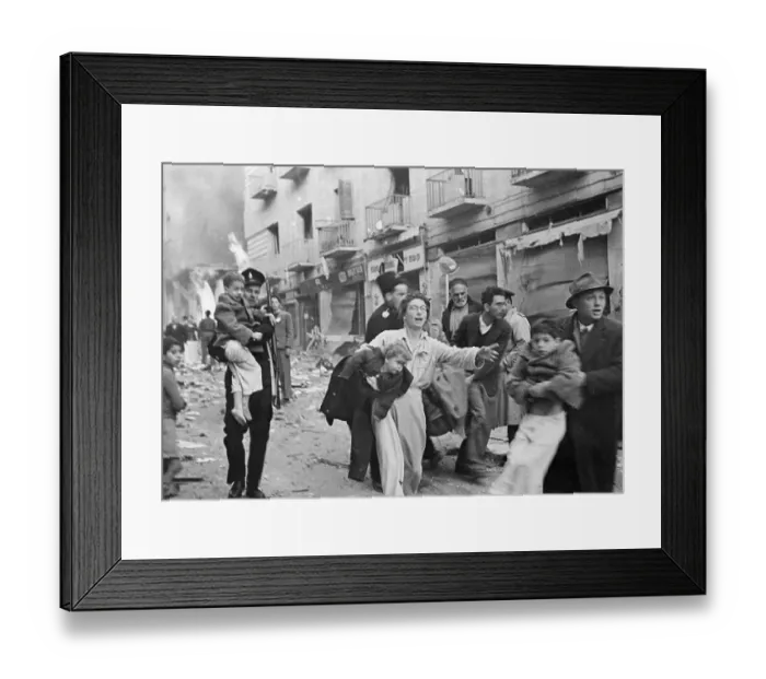 Framed Print : Mother and Family Fleeing from Buildings Framed Print : Mother and Family Fleeing from Buildings