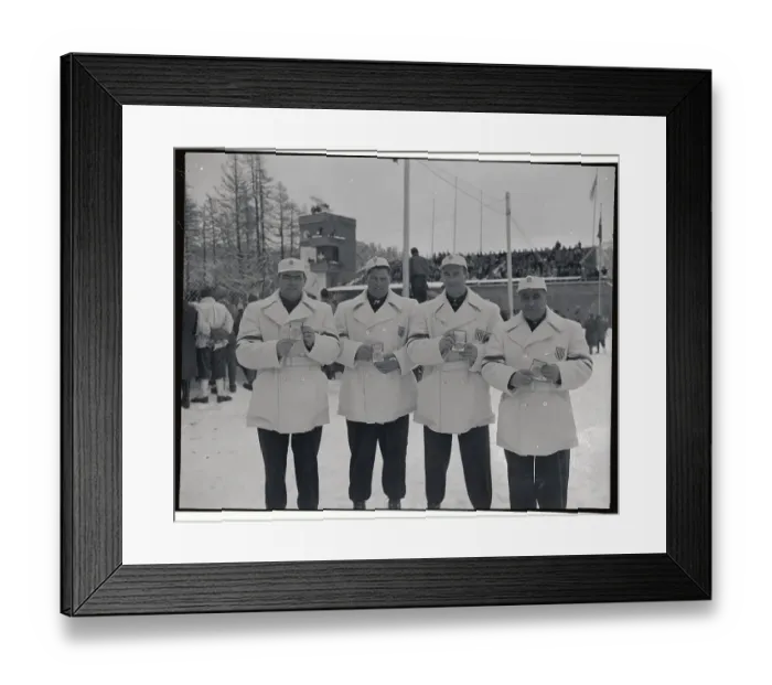 Framed Print : US Four Man Olympic Bobsled Team Displaying Medals Framed Print : US Four Man Olympic Bobsled Team Displaying Medals