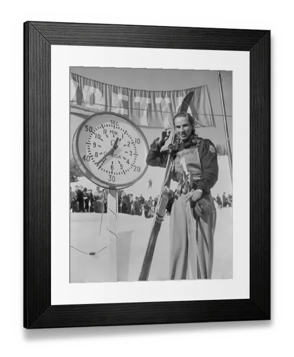 Framed Print : Olympic Skier Gretchen Frazer Standing Next to Chronometer Framed Print : Olympic Skier Gretchen Frazer Standing Next to Chronometer