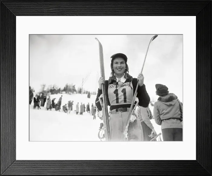 Framed Print : Portrait of Gretchen Frazer Holding Her Skis Framed Print : Portrait of Gretchen Frazer Holding Her Skis