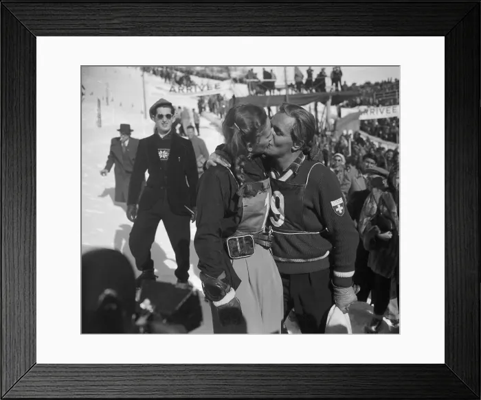 Framed Print : Gretchen Fraser Kissing Reinalter at Olympics Framed Print : Gretchen Fraser Kissing Reinalter at Olympics