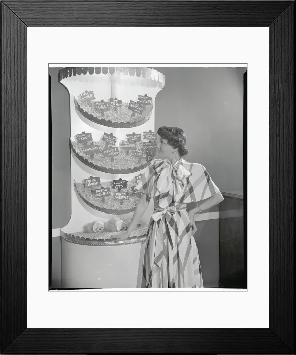 Framed Print : Lucille Casey Standing by Ice Cream Flavors Display Framed Print : Lucille Casey Standing by Ice Cream Flavors Display