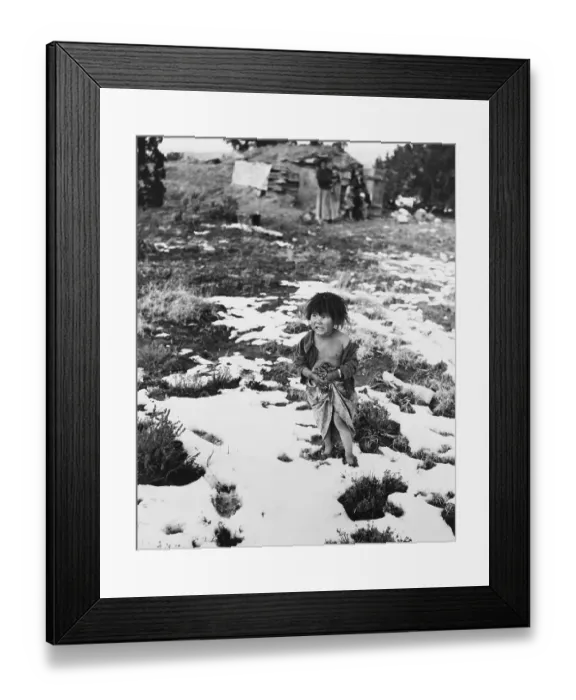 Framed Print : Navajo Toddler Standing on Snowy Ground