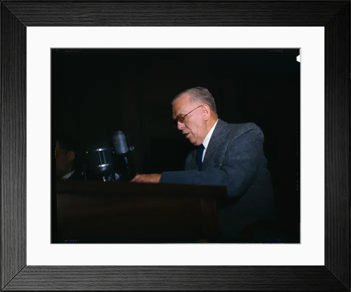 Framed Print : George C. Marshall Speaking at Microphones