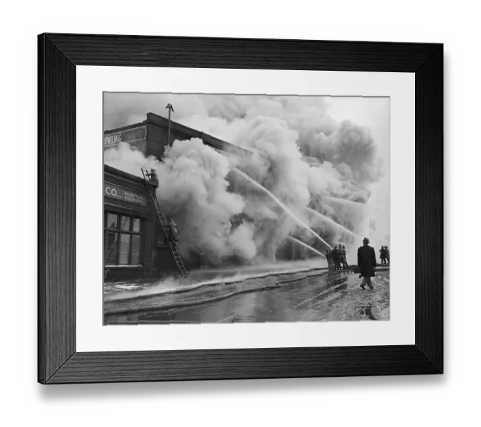 Framed Print : Firefighters Spraying Brick Building