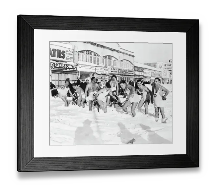 Framed Print : Beach Revelers in Snow Pulling Sled Framed Print : Beach Revelers in Snow Pulling Sled