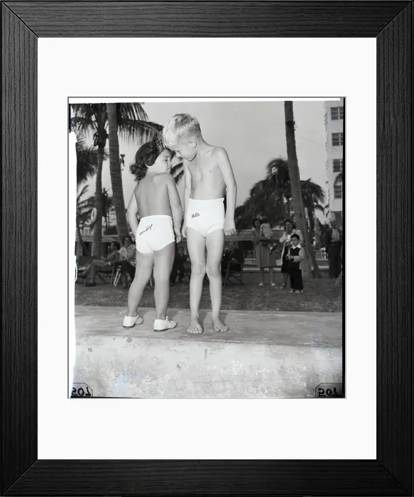 Framed Print : Children Model Hello and Goodbye Swimsuits Framed Print : Children Model Hello and Goodbye Swimsuits