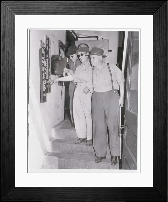 Framed Print : Blind Factory Workers Punching Time Cards Framed Print : Blind Factory Workers Punching Time Cards