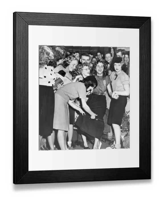 Framed Print : High School Girls Shortening Skirt with Scissors Framed Print : High School Girls Shortening Skirt with Scissors