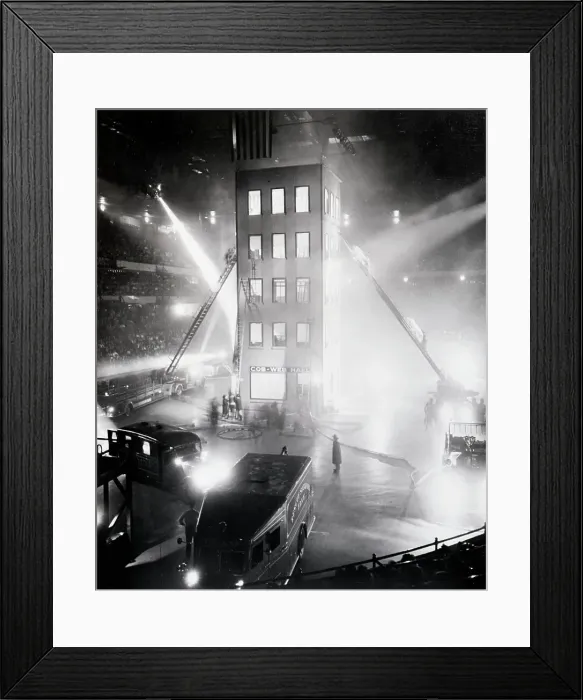 Framed Print : Firefighting Demonstration with Replica of Burning Building Framed Print : Firefighting Demonstration with Replica of Burning Building
