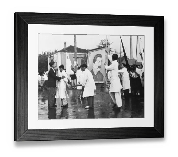 Framed Print : Koreans Prepare Stalin Portrait Outside Framed Print : Koreans Prepare Stalin Portrait Outside