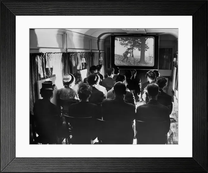 Framed Print : People Watching Movie in Railroad Dining Car 1947 Framed Print : People Watching Movie in Railroad Dining Car 1947