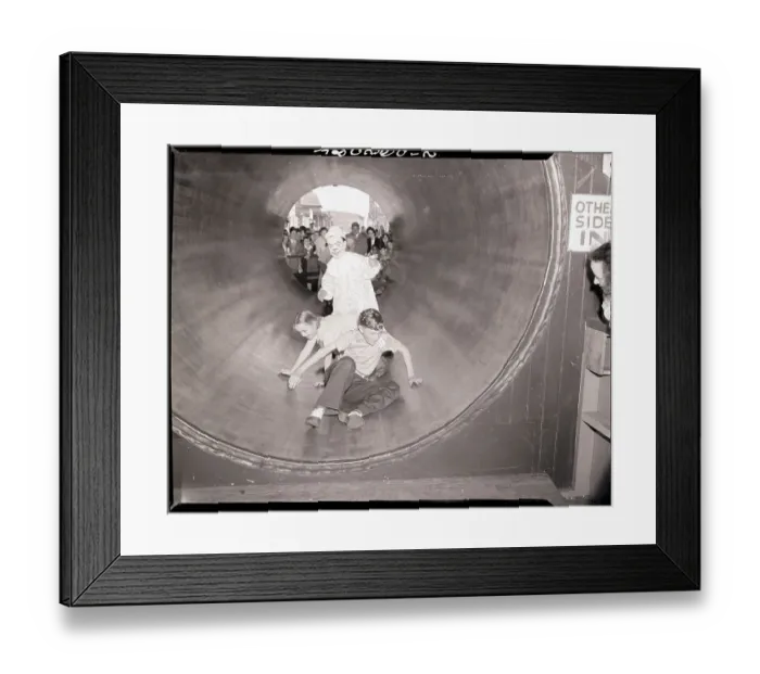 Framed Print : Clown and Kids in Rolling Barrel Framed Print : Clown and Kids in Rolling Barrel