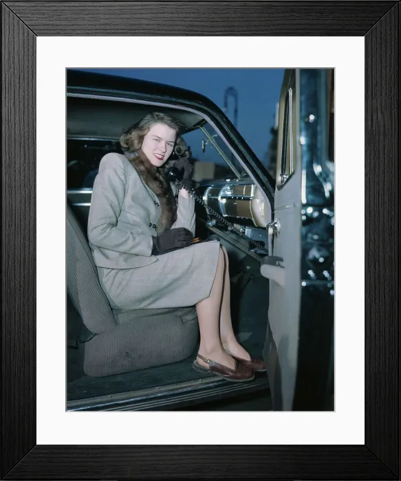 Framed Print : Joan Blair Using Early Car Phone Framed Print : Joan Blair Using Early Car Phone