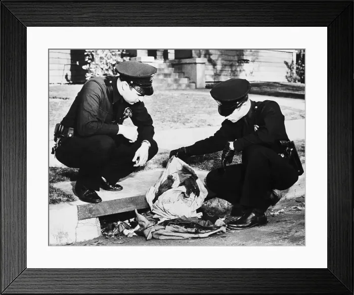 Framed Print : Police Searching Through Bloodstained Clothing Framed Print : Police Searching Through Bloodstained Clothing