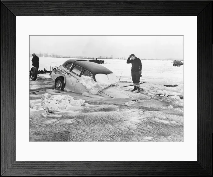 Framed Print : Ice Fisherman's Car Sinking on Ice Covered Lake Framed Print : Ice Fisherman's Car Sinking on Ice Covered Lake