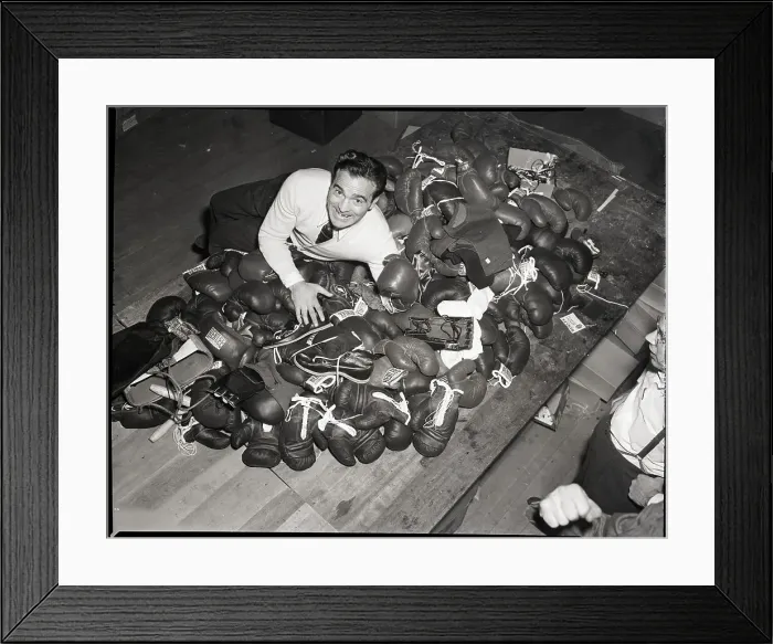 Framed Print : Marcel Cerdan Surrounded by Boxing Gloves Framed Print : Marcel Cerdan Surrounded by Boxing Gloves