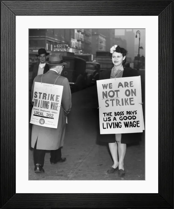 Framed Print : Picket and Non-Striker with Contrasting Signs Framed Print : Picket and Non-Striker with Contrasting Signs