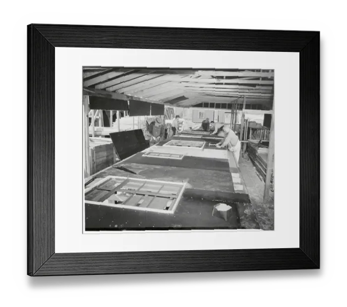 Framed Print : Men Making Wall Panels and Roof Trusses for Houses Framed Print : Men Making Wall Panels and Roof Trusses for Houses