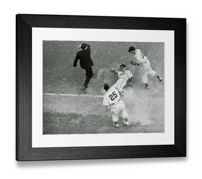 Framed Print : Pinky Higgins Tagging Out Joe Garagiola
