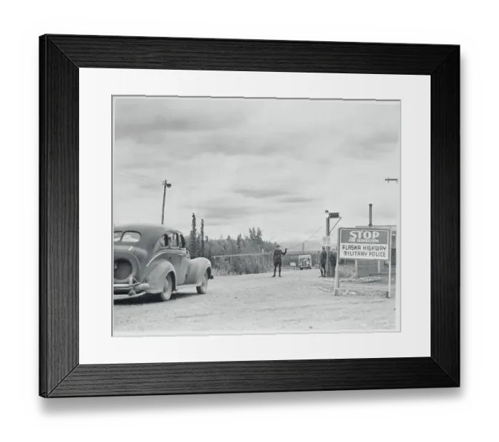 Framed Print : Mountie Stopping a Car on the Alaska Highway Framed Print : Mountie Stopping a Car on the Alaska Highway