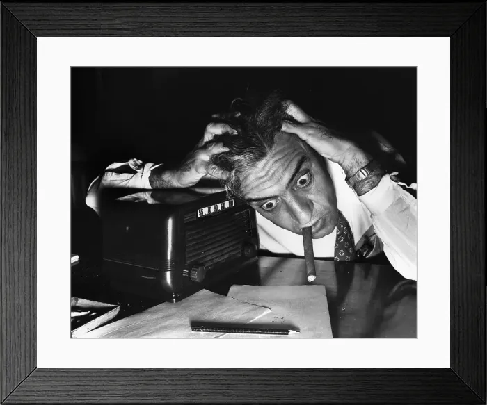 Framed Print : Blood pressure going up? New York - Goggle-eyed, this Dodger fan tears his hair and clenches a cigar to bits in his teeth as he listens to the battle Framed Print : Blood pressure going up? New York - Goggle-eyed, this Dodger fan tears his hair and clenches a cigar to bits in his teeth as he listens to the battle
