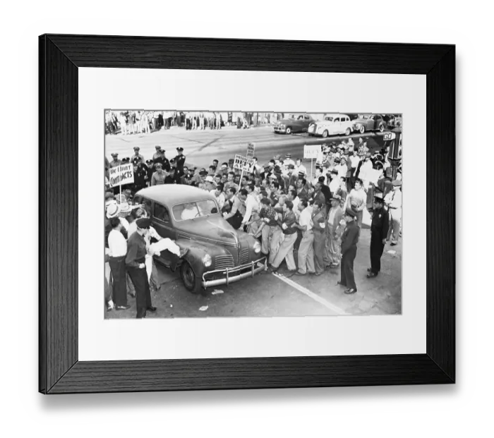 Framed Print : Pickets Kicking And Pushing At Car