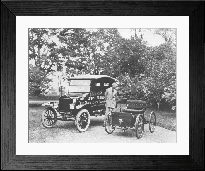 Framed Print : Henry Ford Posing by His Designed Automobiles Framed Print : Henry Ford Posing by His Designed Automobiles