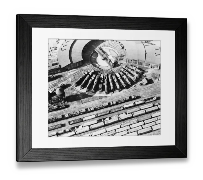 Framed Print : Aerial View of Railroad Roundhouse Framed Print : Aerial View of Railroad Roundhouse
