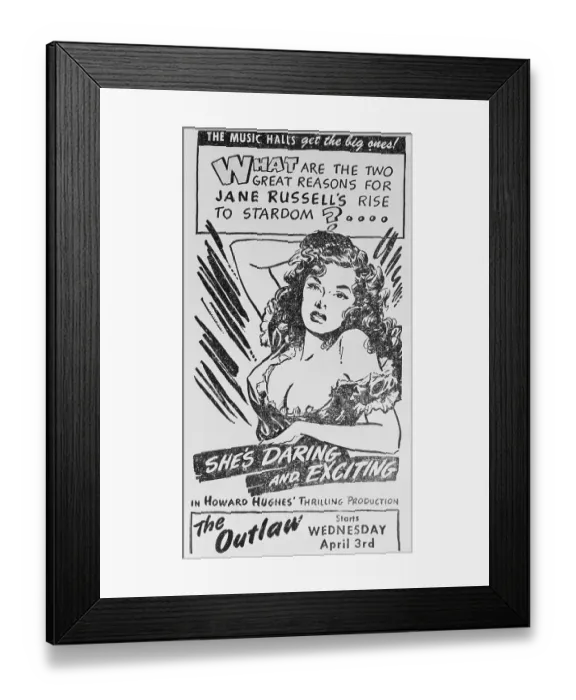 Framed Print : Advertisement for The Outlaw Starring Jane Russell Framed Print : Advertisement for The Outlaw Starring Jane Russell