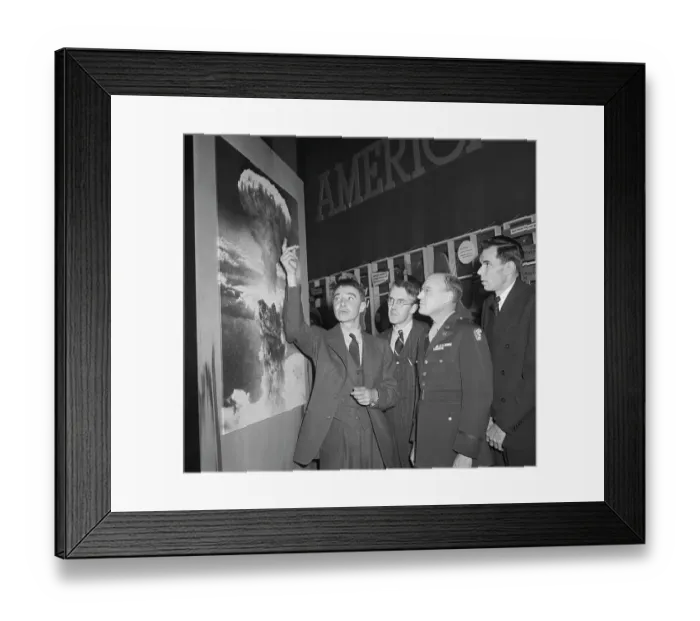 Framed Print : Robert Oppenheimer Pointing to Picture of Hiroshima Blast Framed Print : Robert Oppenheimer Pointing to Picture of Hiroshima Blast