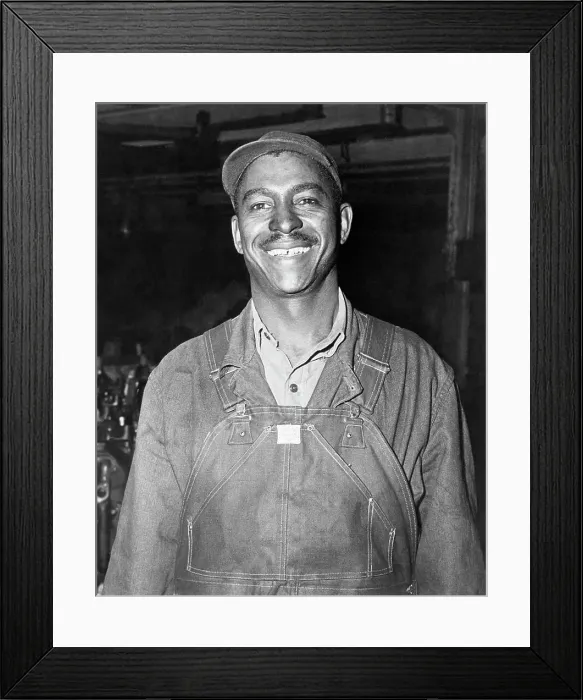 Framed Print : Black Auto-Worker Smiles, Waist Up Framed Print : Black Auto-Worker Smiles, Waist Up