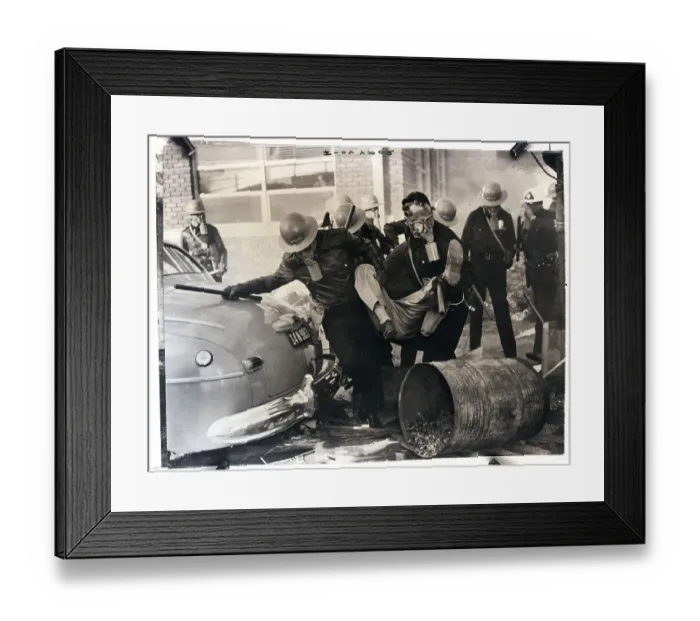Framed Print : Gas-Masked Police Officers Drag Picket Framed Print : Gas-Masked Police Officers Drag Picket